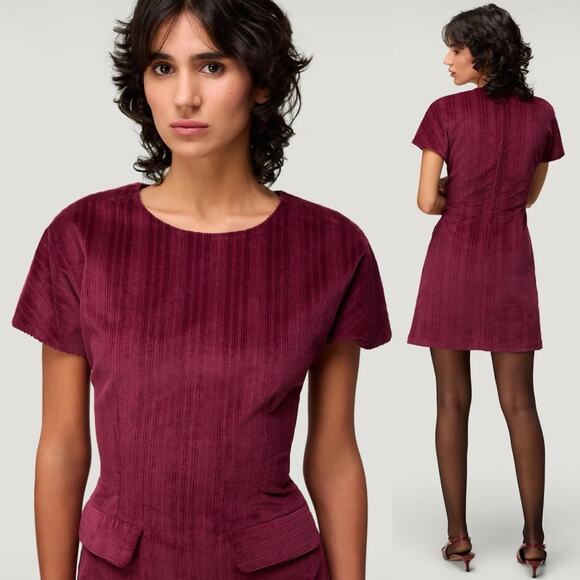 Rouje Paris Auxane Velour Corduroy Short Mini Dress in Cerise Burgundy - Picture 4 of 12
